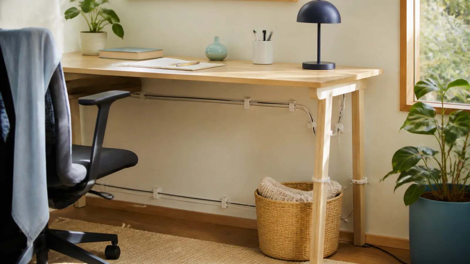 Compact home-office desk with generic cable clips and neatly routed cords kept clear of the floor