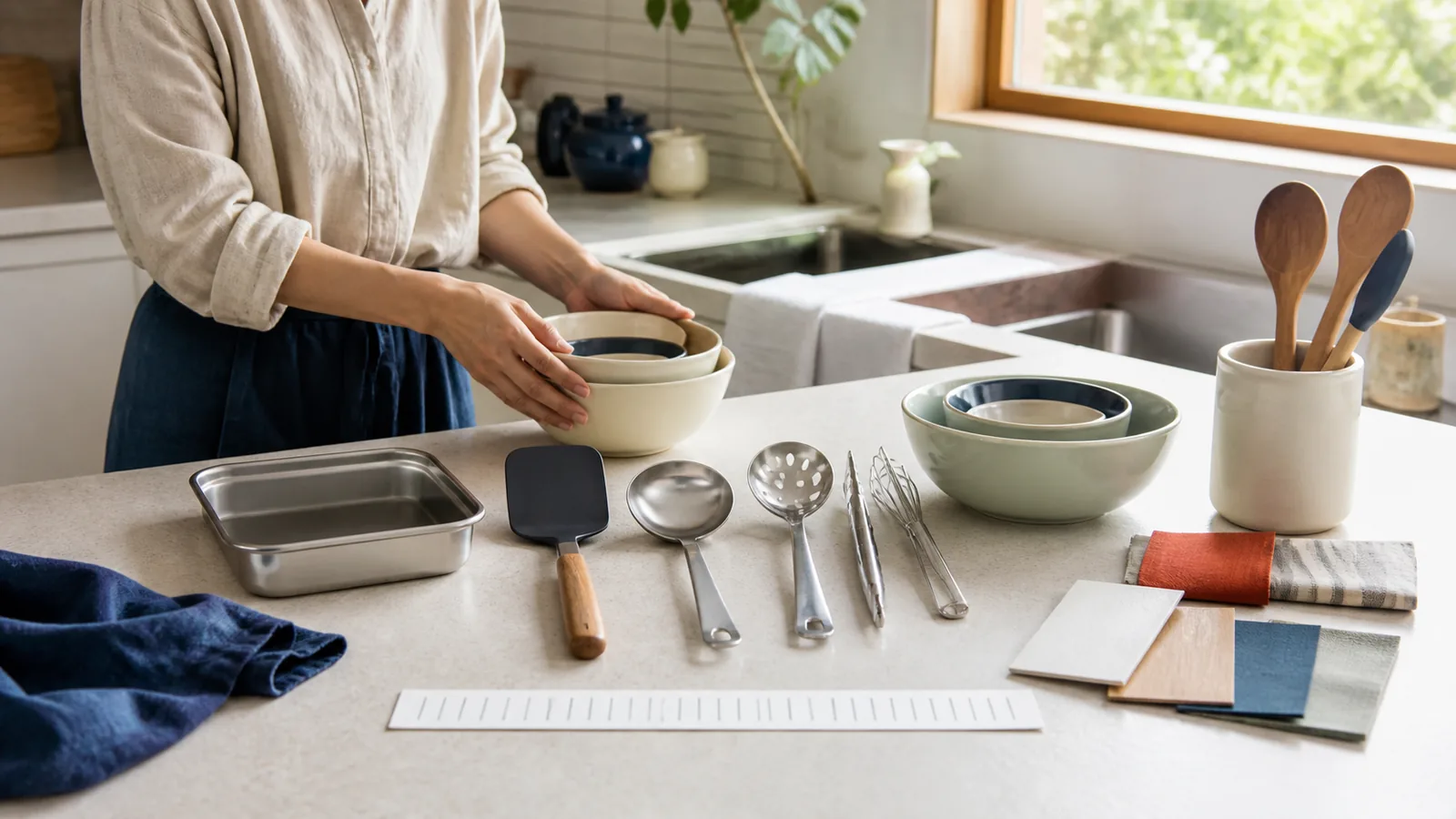 Generic kitchen tools, bowls, material samples, and a tick-mark sizing strip arranged for comparison on a bright counter