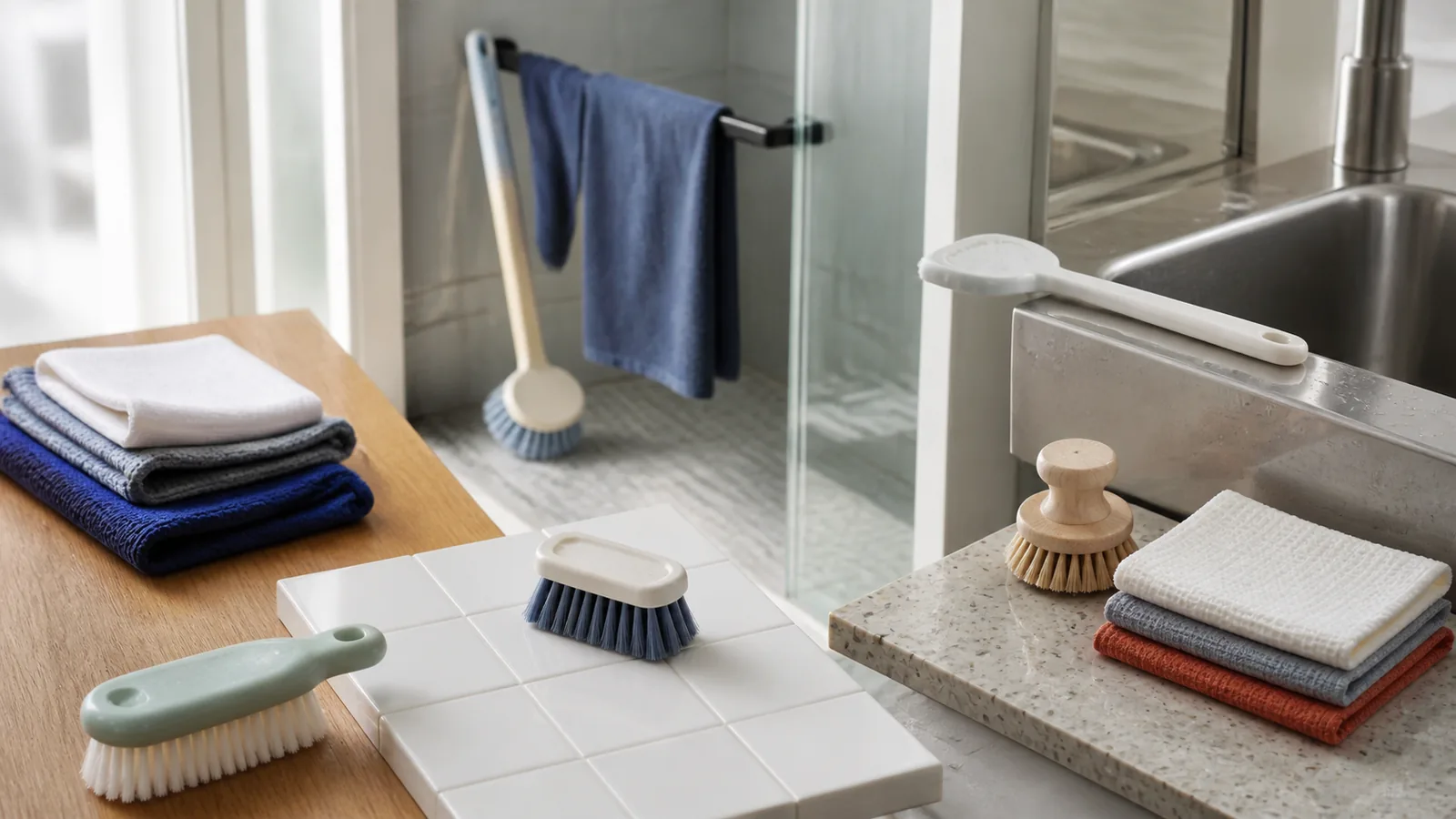 Generic soft brushes and folded cloths arranged beside tile, glass, and stainless-steel surfaces