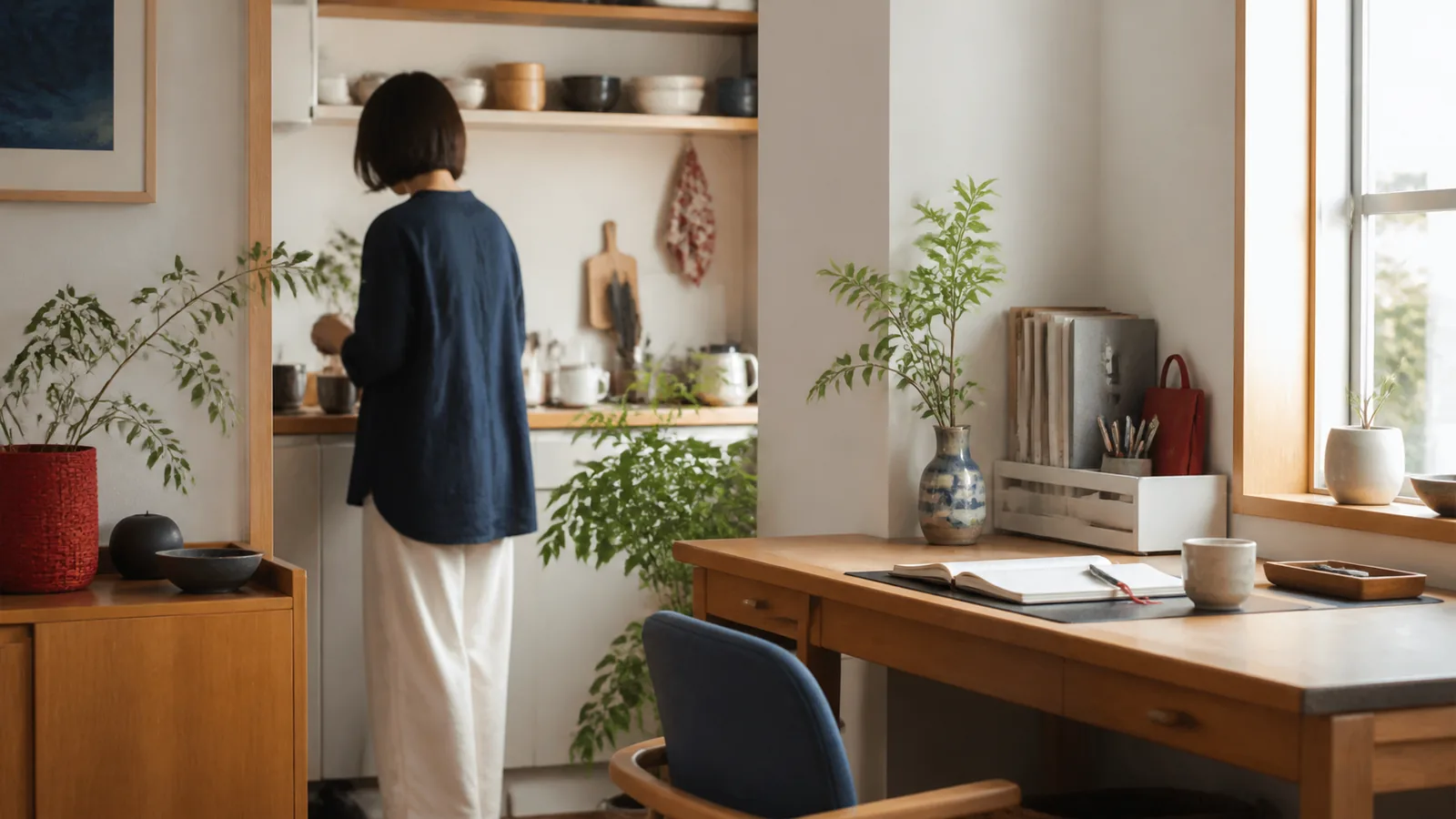 Connected compact kitchen and home-office scene arranged for smoother everyday routines