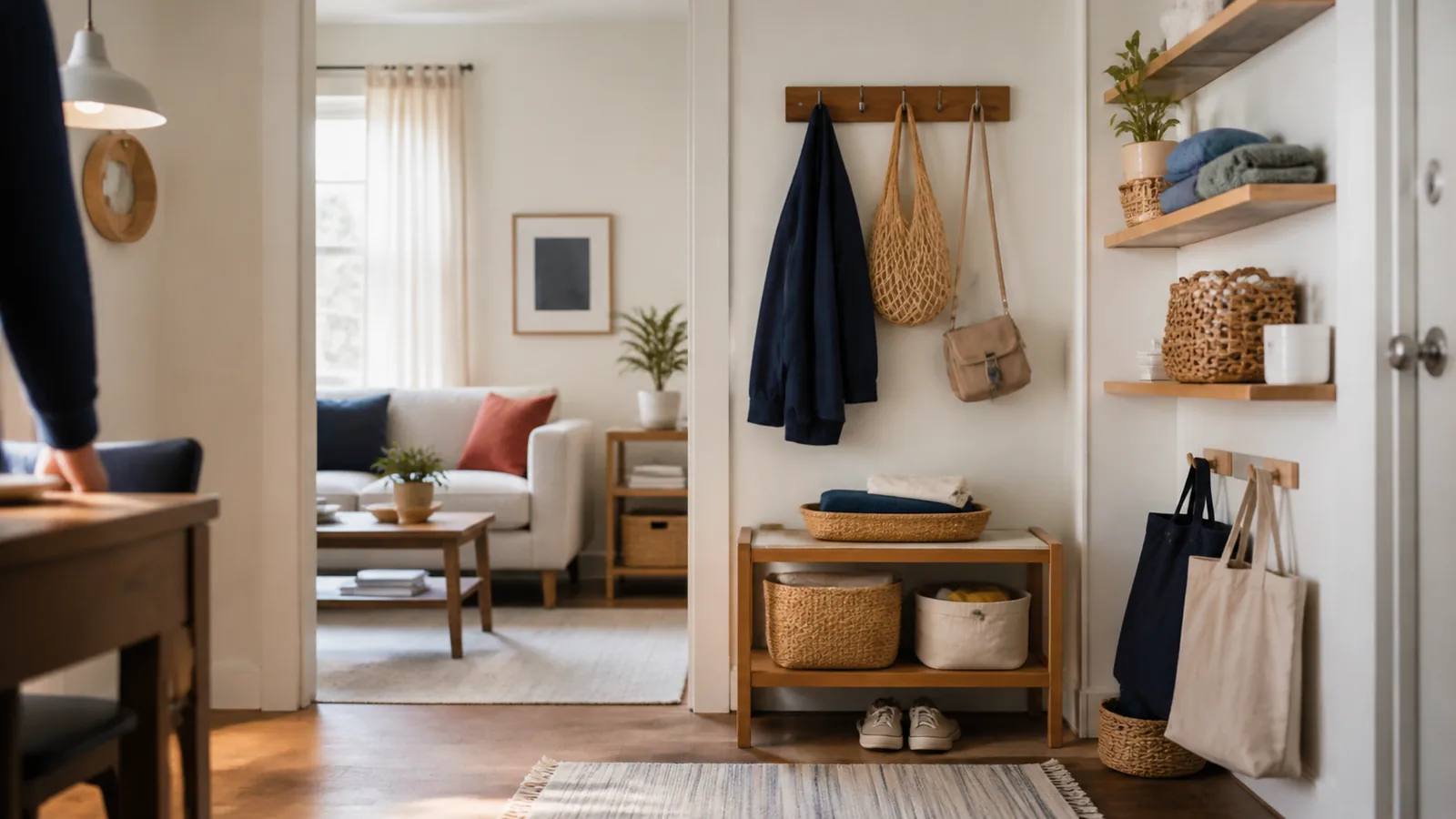 Calm small apartment entry with vertical shelves, baskets, hooks, and a clear walking path