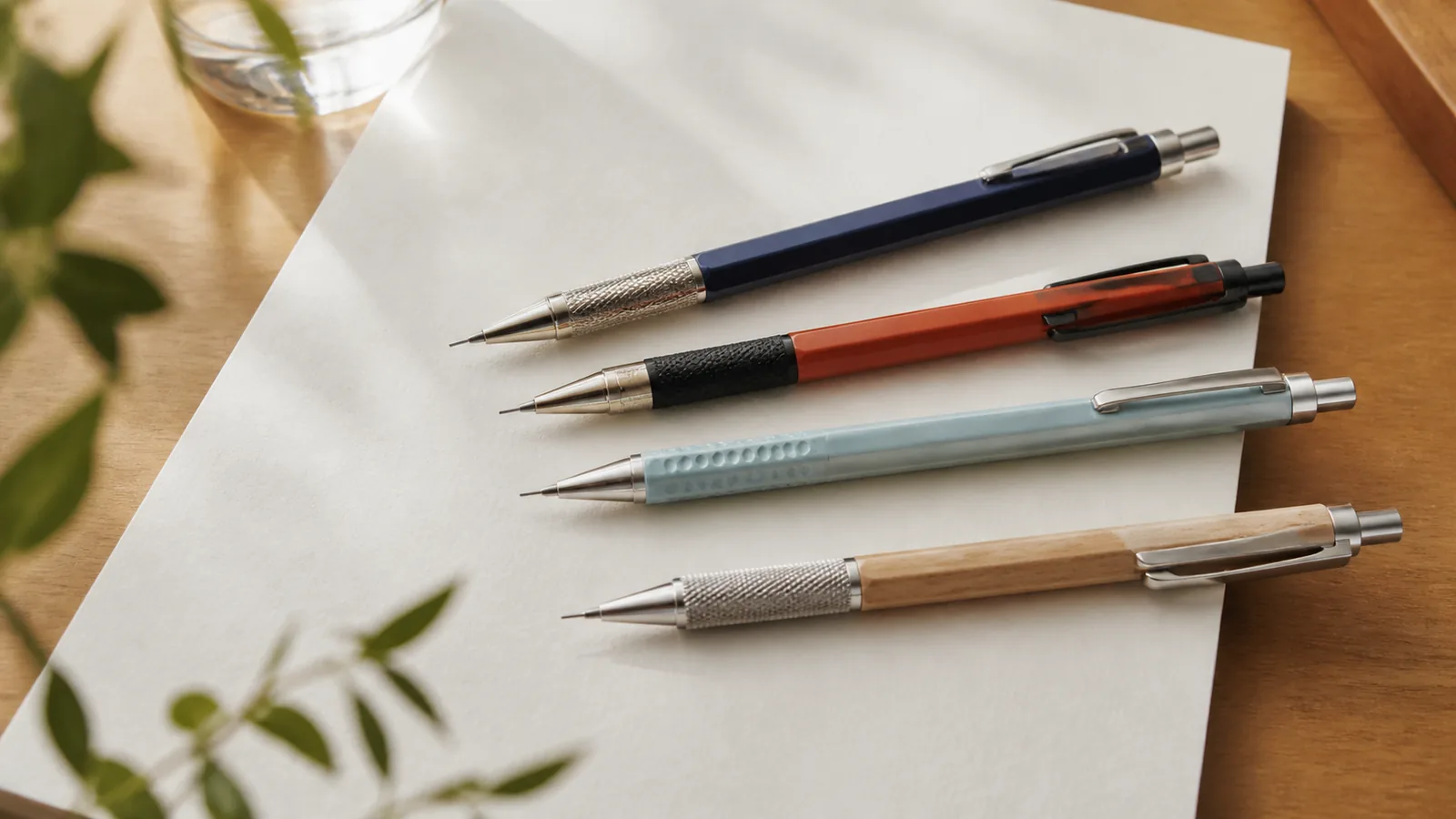 Generic unbranded mechanical pencils with different grip styles arranged for a writing mechanism comparison