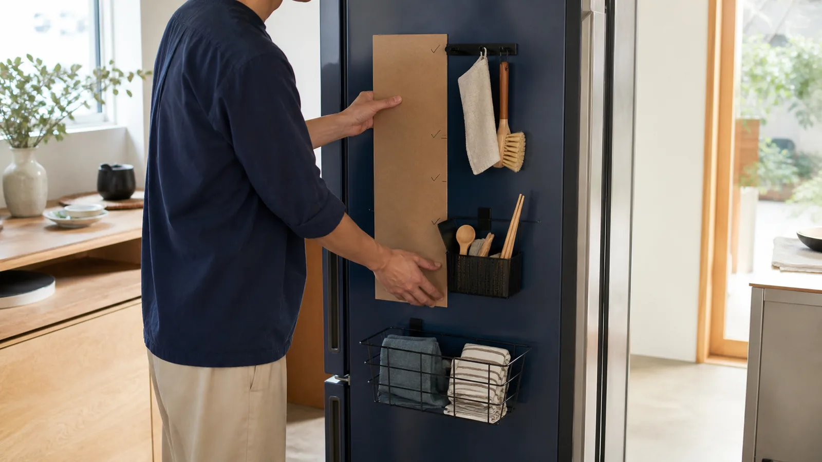 Person checking a blank cardboard template against a steel panel with generic magnetic baskets