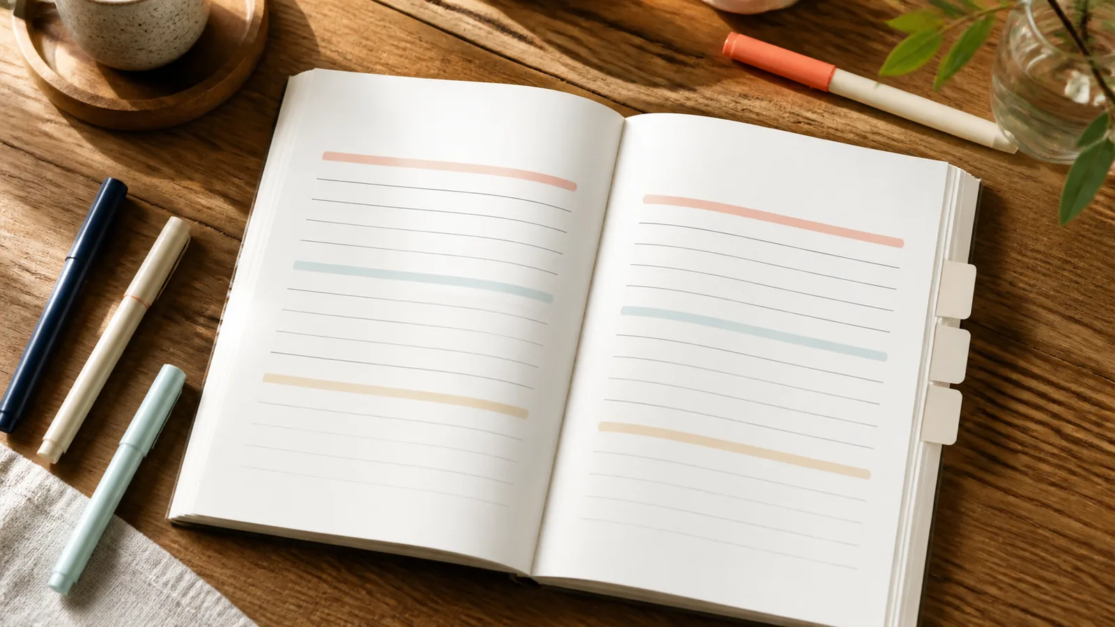 Open notebook with abstract rule lines and three soft-color highlight bands beside generic markers