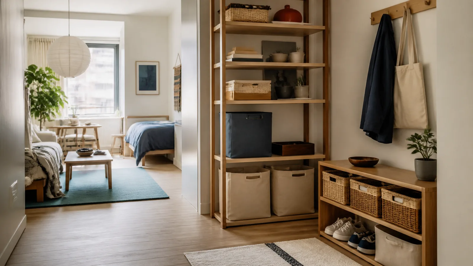 Small studio apartment with vertical storage, modular baskets, a landing zone, and open floor space