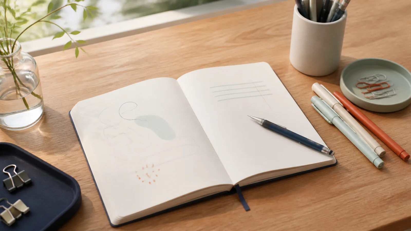 Open notebook with generic pencil and muted writing tools on a deliberate, sunlit desk